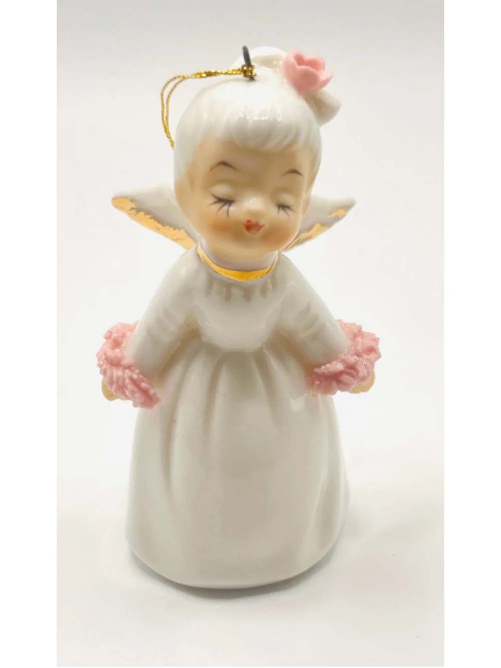 2 Vintage Ceramic Angel Christmas Ornaments Sleeping Blue Pink Japan Mid Century